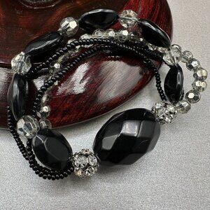 Beaded Stretch Bracelet Black Faceted Multi Strand Rhinestone Acrylic Chunky